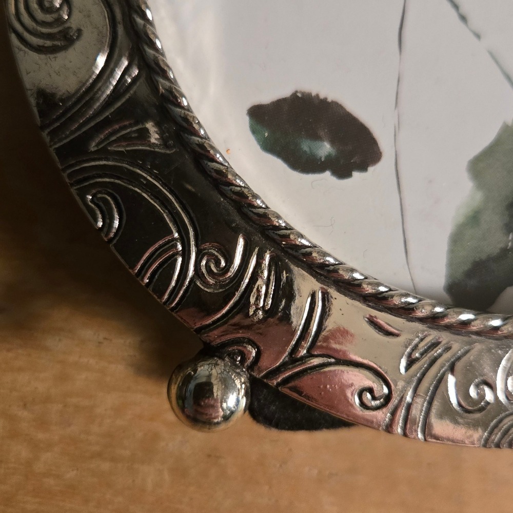 Round Silver Ornate Scrollwork Floral Photo Frame Tabletop Pansy watercolor 4" - Picture 2 of 6
